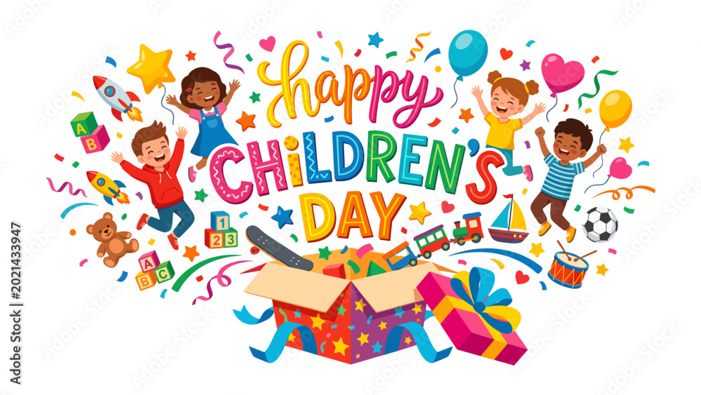 Obraz premium Children's Day Joyful Illustration: A vibrant and lively illustration celebrating Children's Day, featuring happy children surrounded by gifts, toys, and festive decorations.