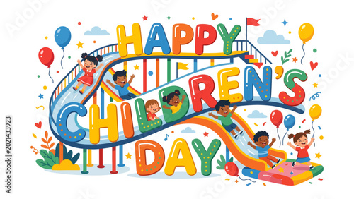 Tableau sur toile Joyful Children's Day: A vibrant illustration showcasing the spirit of Children's Day, with colorful letters and cheerful children enjoying slides, balloons