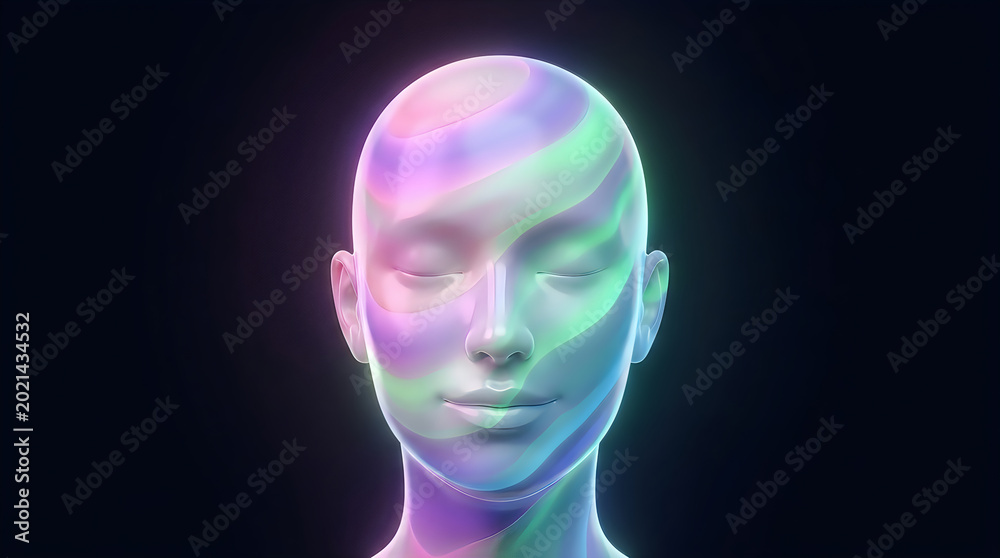 Obraz premium Relaxed glowing humanoid face with soft purple and blue light effect