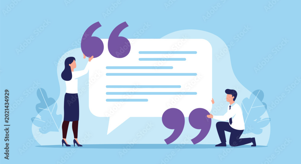 Fototapeta premium Business communication concept with man and woman working together on speech bubble quotation marks representing teamwork collaboration content creation.
