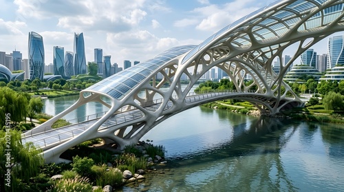 A futuristic white bridge with a glass roof spans a river in a modern cityscape with skyscrapers and lush greenery