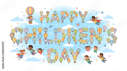 Foto Joyful Children's Day: A vibrant illustration celebrates childhood with a sky filled with colorful hot air balloons forming the words Happy Children's Day, and joyful children floating among them