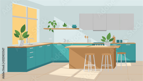 Foto Modern kitchen island with bar stools and green cabinets near a window
