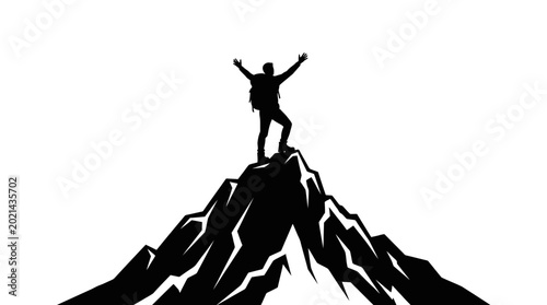Schilderij op canvas Silhouette of a Hiker Standing Triumphant on a Mountain Peak.