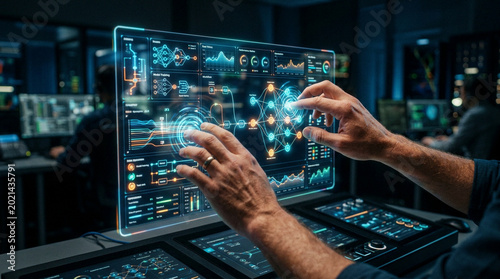 Hands interacting with digital financial trading interface on large monitor in dark control room