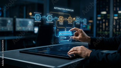 Hand interacting with automation workflow hologram over laptop in dark office setting
