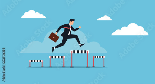 Fotografie Businessman jumping over hurdles, overcoming obstacles, business challenge, progress, career development, and success concept illustration