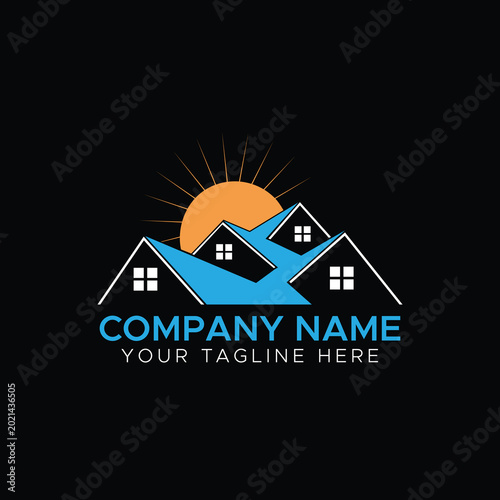 Photos Modern Real Estate Logo with Blue Houses and Orange Sun on Black Background
