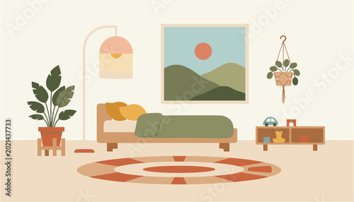 Cozy bedroom interior with modern decor and colorful rug