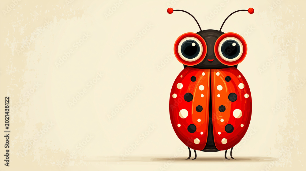 Fototapeta premium Cute cartoon ladybug with big eyes isolated on vintage background