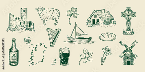 Foto Set of handdrawn irish cultural symbols and landmarks outline sketch vector illu