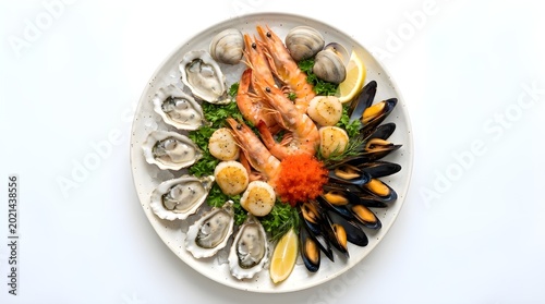 Delicious seafood platter with oysters, shrimp, mussels, and scallops on white background