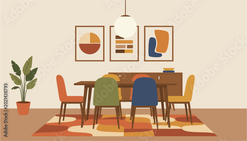 Photos Cozy family dining scene with colorful chairs around wooden table and framed art