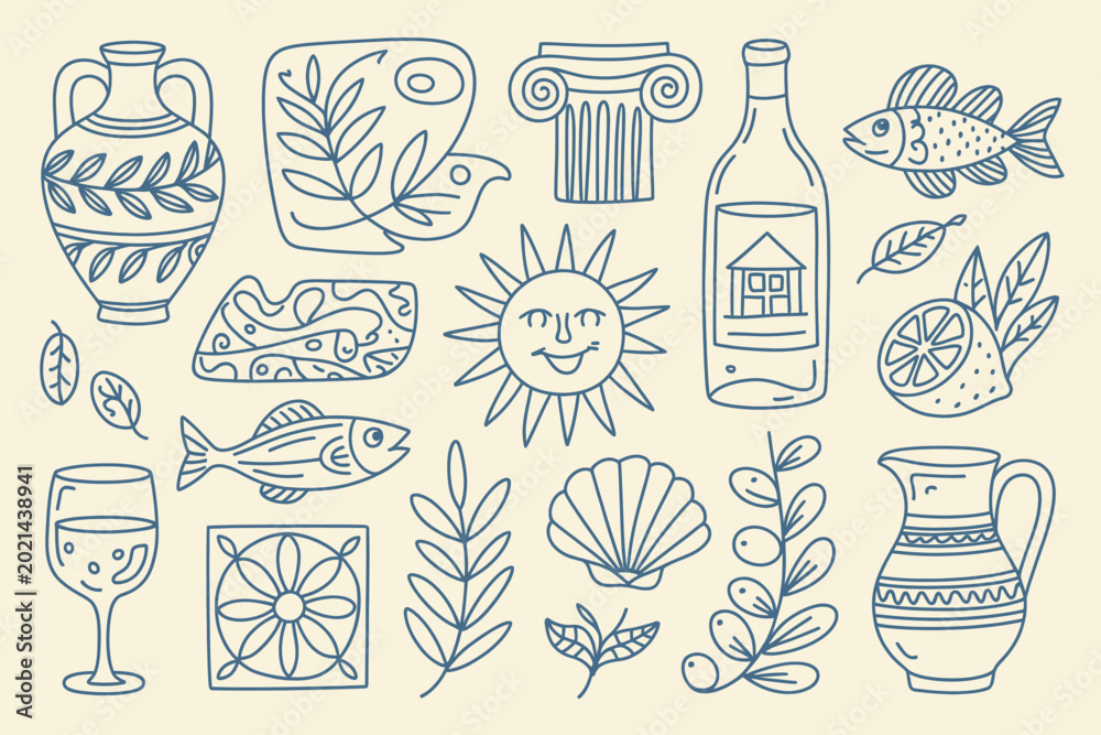 Obraz premium Mediterranean summer doodle icons set outline sketch vector illustration