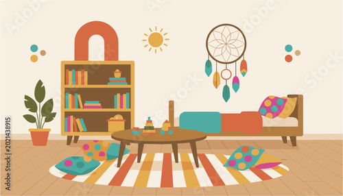 Colorful children's bedroom with bookshelf, bed, and play area