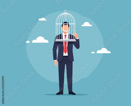 Bild auf Leinwand Businessman standing with metal birdcage covering head symbolizing mental trap restrictions limitation lack of creative freedom and professional burnout concept