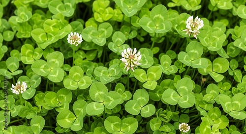 Vibrant green clover with white flowers.