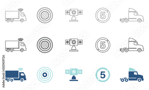 Autonomous truck and lidar sensor icon set with outline and duotone vectors