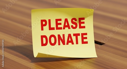 Please Donate message on yellow sticky note, charity fundraising concept on wooden background, donation request for non-profit organization
