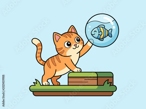Photos An adorable illustration of a playful cat reaching for a fish in a bubble, representing curiosity, playfulness, and the innocence of childhood in a charming, colorful style
