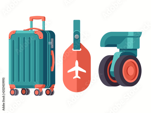 This image portrays travel essentials including a suitcase, luggage tags, and wheels, embodying the spirit of adventure, exploration, and the excitement of travel experiences.
