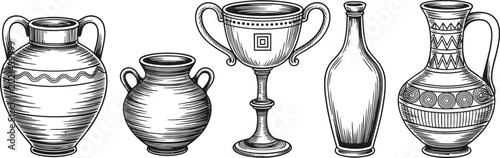 Foto Ancient Greek Vase and Amphora Hand Drawn Vector Set with Vintage Roman Pottery,
