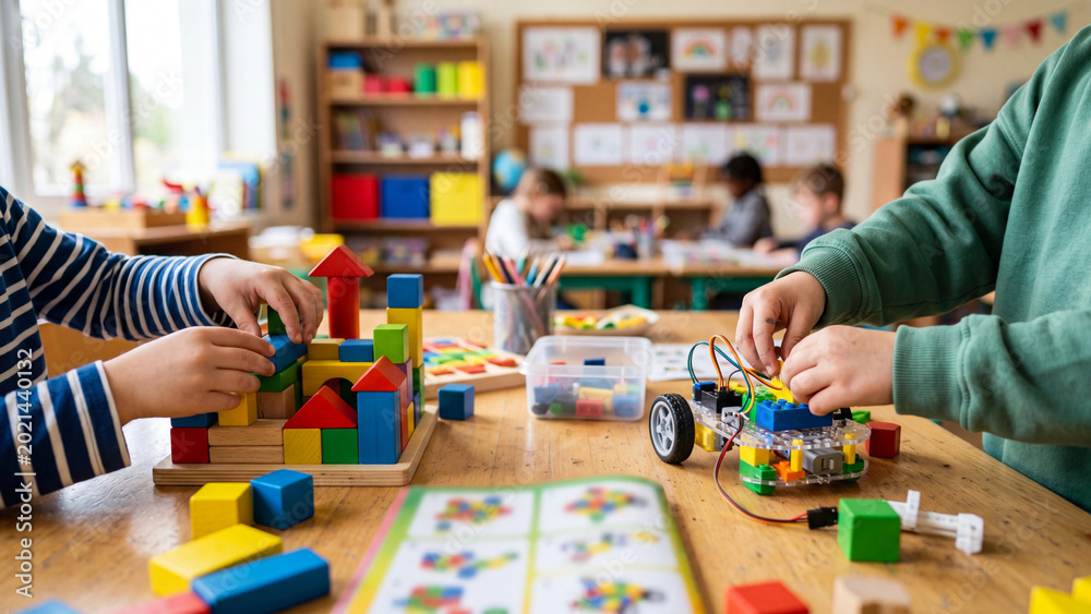 Fototapeta premium Children hands engage with colorful wooden building blocks and a small robotic construction kit on a classroom table while other students work in the background of this educational school setting.