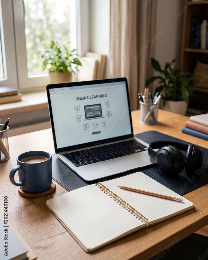 Fototapeta premium Laptop displaying online learning resources sits on a wooden desk alongside a notebook, a blue ceramic mug, and professional headphones in a bright home office setting with ample copy space for text.