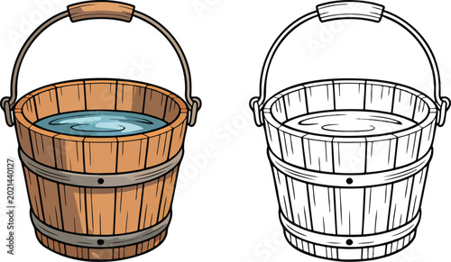 Wooden bucket illustration & outline set isolated on transparent background 