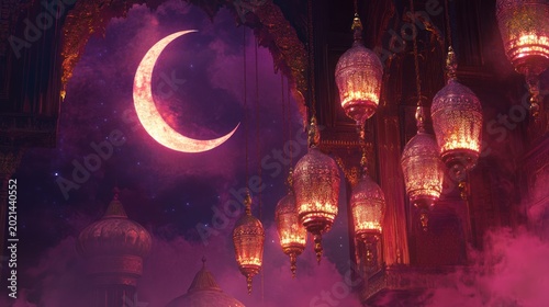 Mystical night market with lanterns, crescent moon, and purple sky