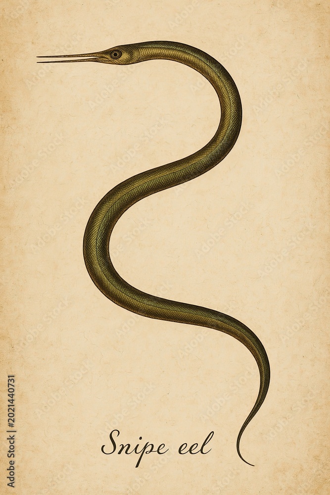 Fototapeta premium Antique natural history engraving of a deep sea snipe eel specimen