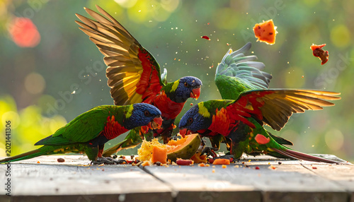 Three colorful lorikeets eating fruit on a wooden table in natural sunlight with blurred green background