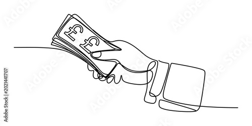 Bild auf Leinwand Continuous line drawing of a human hand holding a stack of british pound sterlin