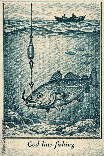 Classic atlas plate of cod underwater with hook, sinker, and fishermen
