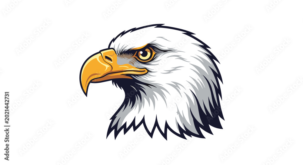 Fototapeta premium Powerful bald eagle head profile illustration showing sharp eyes and a curved yellow beak representing strength and freedom.
