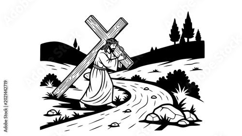 Bild auf Leinwand Jesus Christ carrying the cross on a hill.