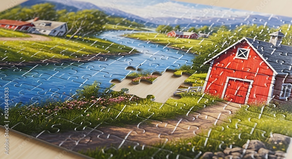 Naklejka premium Red Barn by a Winding River.