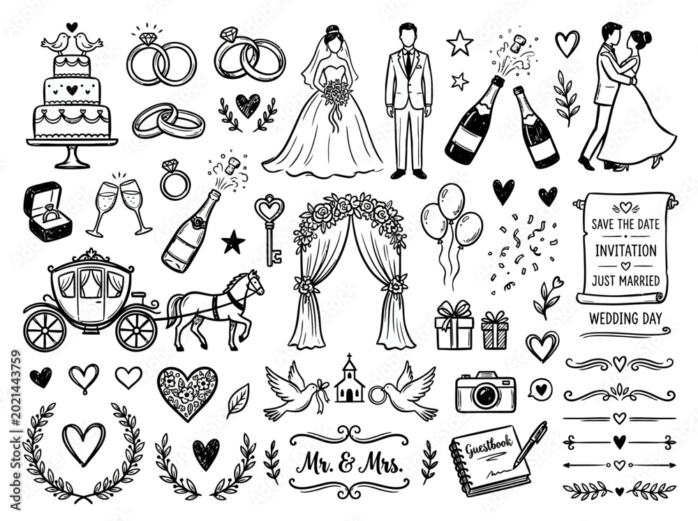 Obraz premium Wedding icons and symbols collection.