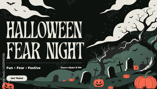 Foto Creepy cemetery Halloween vector illustration featuring zombie hands, tombstones, haunted house, and eerie moonlit background