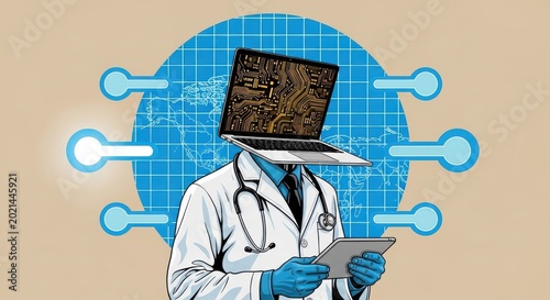 Doctor with laptop for a head standing in front of a blue grid circle