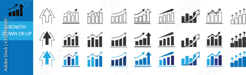 Growth icon set. Containing an arrow up, growing graph. Business success growth arrow icon vector. Growing bar graph icon. Growth vector diagram with arrow going up
