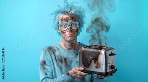 Soot-covered young person holding a burnt smoking toaster after a kitchen accident. Clumsy amateur cook with messy hair and glasses looking at camera against blue background.
