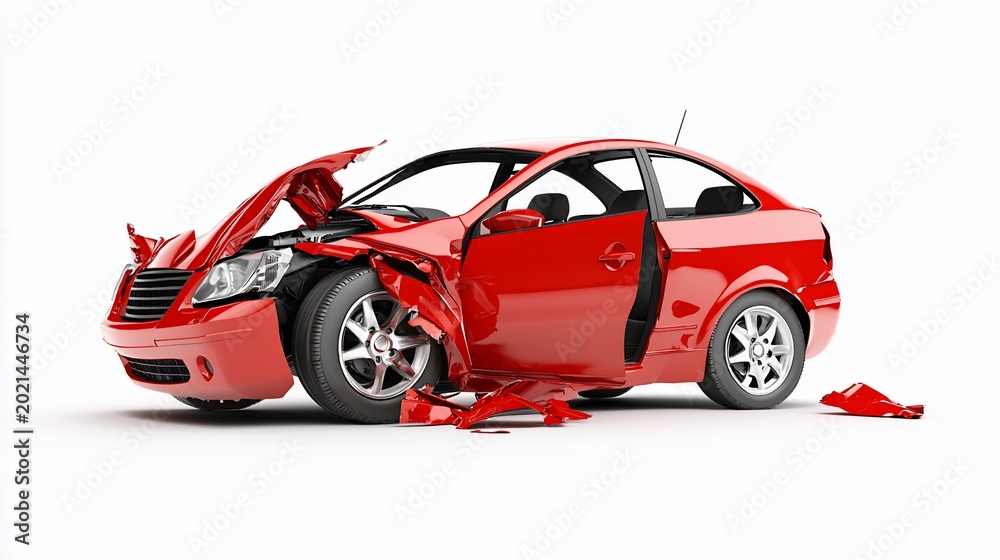 Obraz premium Severely Damaged Red Car After Accident Isolated on White Background.