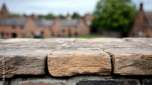Textured Timeworn Brick Wall with a SoftFocus Historic Village Background.