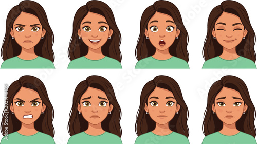 Foto Young woman facial expressions vector character set featuring diverse emotions including happy sad angry surprised worried and winking avatar heads