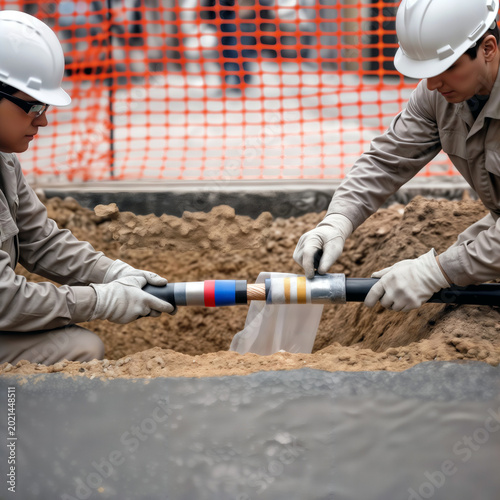 Two utility workers splicing a large underground power cable in a trench.