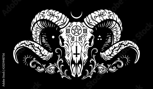 Photography Detailed ram skull illustration with ornate horns, a pentagram, and crescent moo