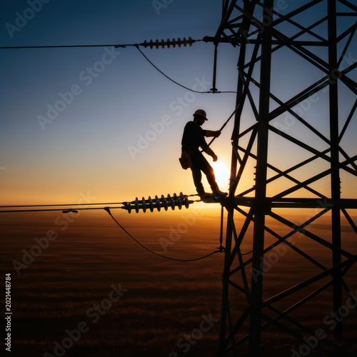 Lineman silhouette working on high-voltage transmission tower at sunset.