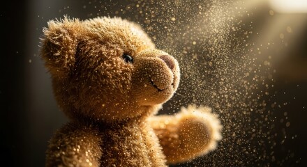 Cute brown teddy bear with soft fur against blurred green background