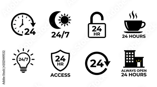 Bild auf Leinwand Set of 24/7 Open and Always Available Service Vector Icons